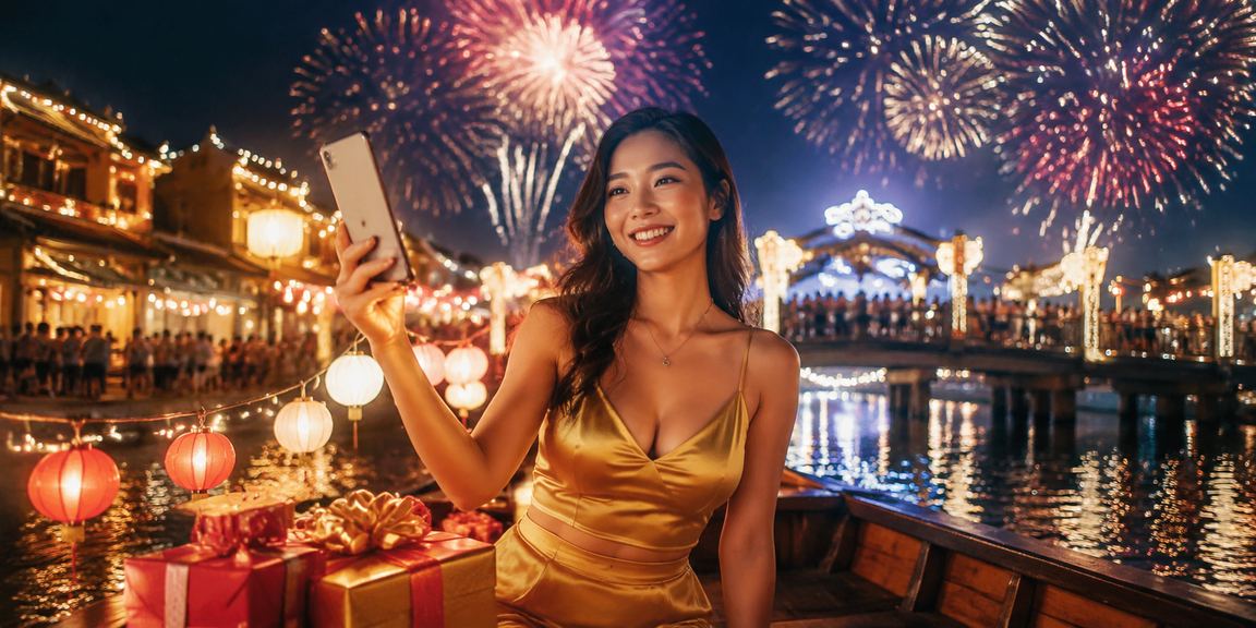 Người dùng mở điện thoại tại chợ đêm Hội An để đăng nhập tài khoản giải trí